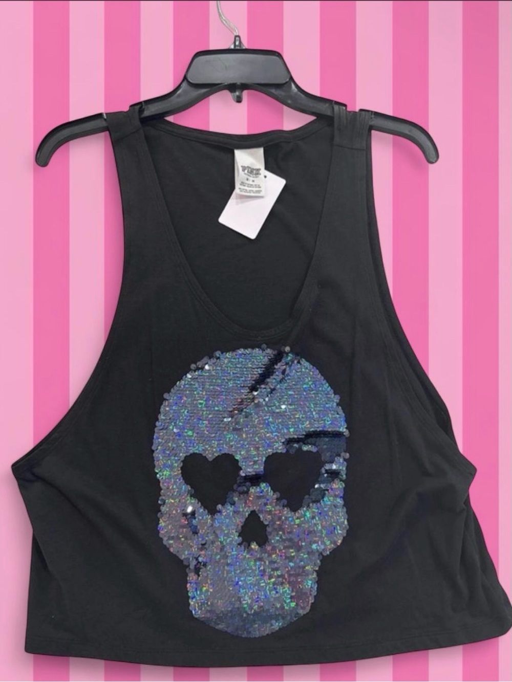 Victoria's Secret PINK bling sequin skull tank halloween y2k